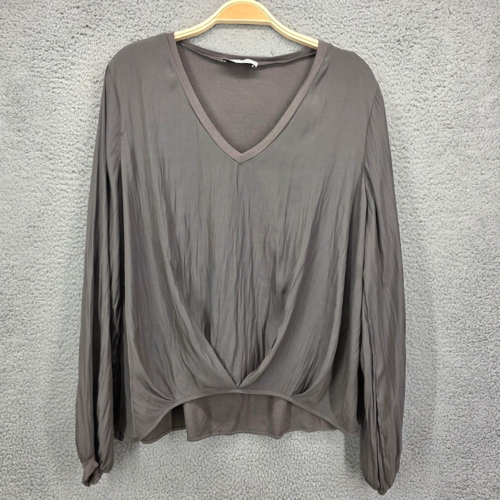 Lola & Sophie Gray V-Neck Draped Front Pleated Sleeve Blouse Top Large